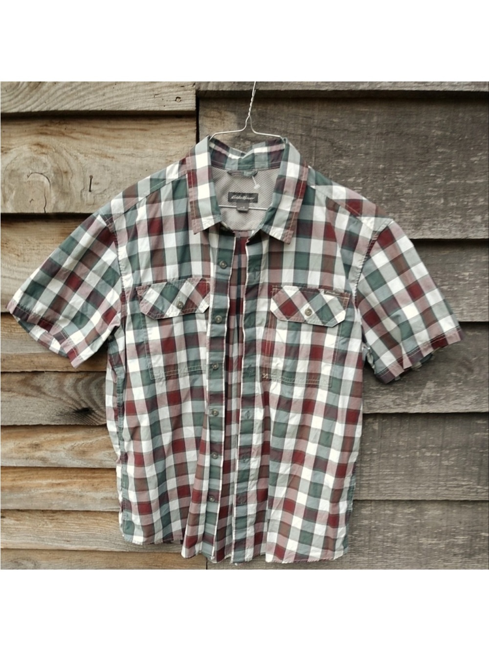 Eddie Bauer Short Sleeve Plaid Shirt in Green, Maroon, White